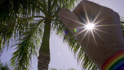 Human hand with a rainbow bracelet creates a star of light with a sunbeam among green palm trees. Pride month concept