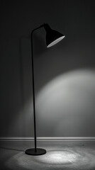 Black floor lamp illuminating a dark room, minimalist design.