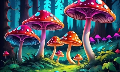 wallpaper representing fantastic mushrooms in a forest. Vibrant colors