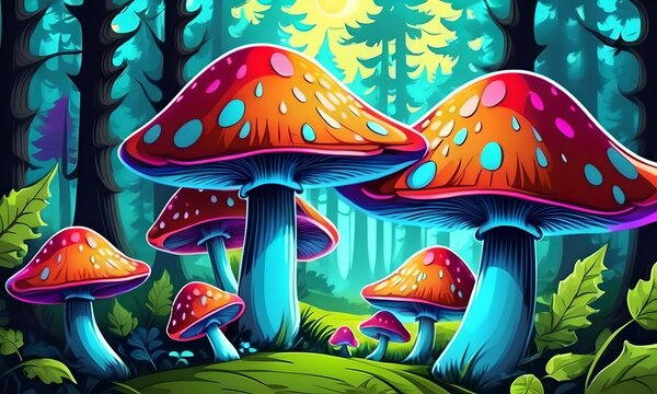 wallpaper representing fantastic mushrooms in a forest. Vibrant colors