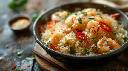 Asian rice noodles with shrimp and vegetables close up on the table, top view of a horizontal 