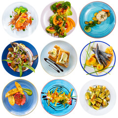 Collection of various dishes on round plates on white background