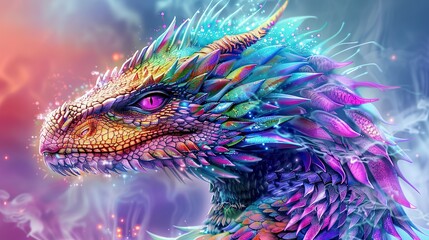 the head of a spikey dragon with rainbow colored feathers and purple eyes look as a colorful high fantasy digital art