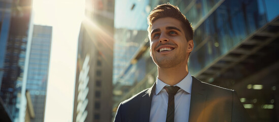 Young Smiling male businessman in a business suit against a background of skyscrapers in a sunny city.