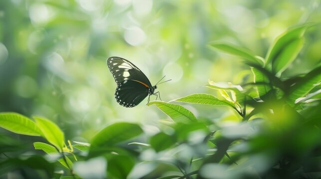 Defocused image of delicate butterfly wings a a blur of lush green foliage creating a dreamy and ethereal atmosphere. .