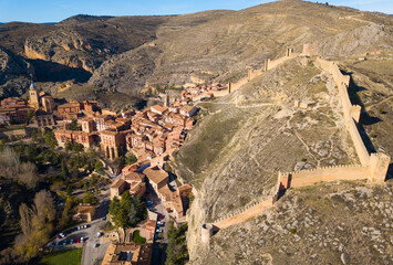 Aerial view of Albarracin - Spanish medieval village with defensive wall