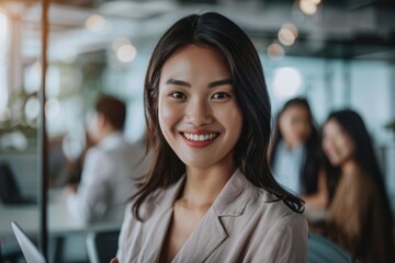 Smiling confident business leader looking at camera holding a digital tablet and standing in office at team meeting. Portrait of pretty Asian businesswoman with colleagues. AI Generated
