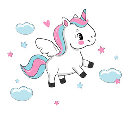 Hand Drawn cute unicorn style kids print Vector Illustration