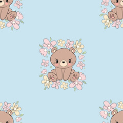 Hand Drawn Cute little Teddy Bear and flowers, vector illustration, Print for baby, newborns design seamless pattern