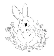 Hand Drawn Cute Bunny and wild flowers vector, design rabbit, kids print