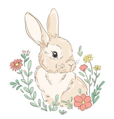 Hand Drawn Cute Bunny and wild flowers vector, design rabbit, kids print