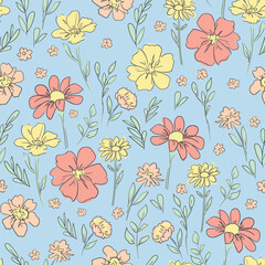 Hand Drawn cute Flowers background print for textile. Design ornament pattern seamless. Vector