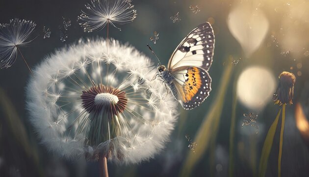 Fototapeta white dandelion and butterfly closeup with seeds blowing away in the wind