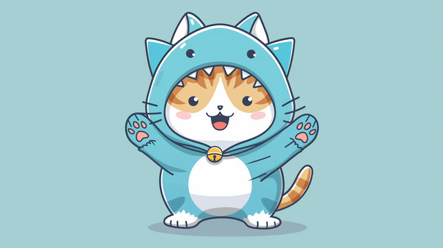 Cute cat wearing blue shark costume anime onesie