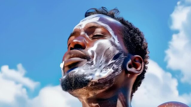 A young black man applies sunscreen on his face at the sea. Summer vacation and travel. Cosmetic male procedures.
