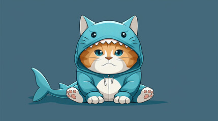 Fototapeta premium Cute cat wearing blue shark costume anime onesie