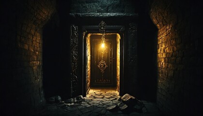door in the darkness grim dark fantasy dungeon cell necromancer lair horror by generative ai