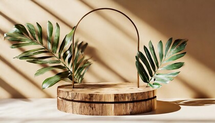3d render wooden podium with glass wall tropical leaves of plants showcase with shadows on pastel background stage showcase on pedestal display beige studio exhibitions cosmetic of products