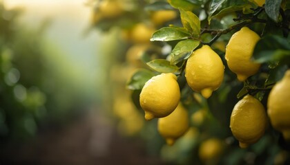 lemon tree with ripe fresh yellow lemons and dew drops on blurred citrus fruit farm agriculture background closeup design copy space for text non gmo and organic products concept - obrazy, fototapety, plakaty