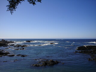 &ldquo;Coastal Serenity&rdquo; - A tranquil dance of waves and rocks under the clear blue sky, framed by nature&rsquo;s greenery, evokes a sense of peace and harmony with the natural world.