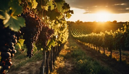 vineyard with ripe grapes in countryside at sunset - obrazy, fototapety, plakaty