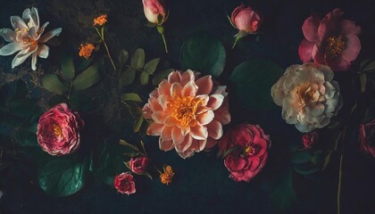 floral flat lay background composition