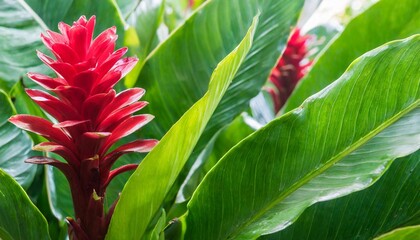 green leaves with red flower of red ginger alpinia purpurata tropical forest plant