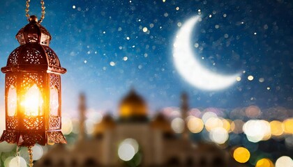 realistic ramadan background with mosque moon stars lantern and bokeh generative ai