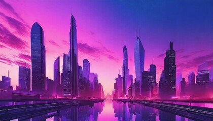 futuristic city with purple and pink gradient sky background