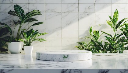 empty space white marble top surface on white tiles wall background green plants with natural lighting mockup scene display for products presentation