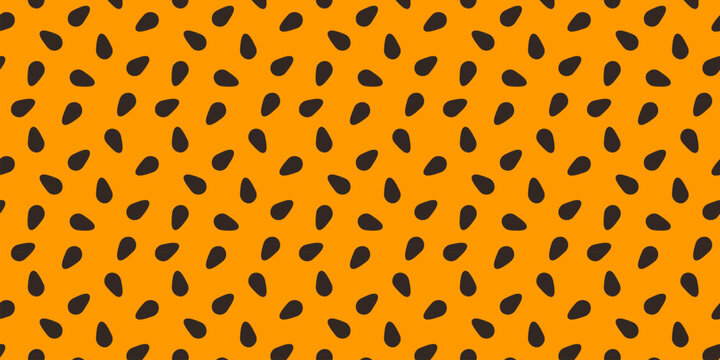 Passion fruit texture. Yellow passionfruit or maracuja pulp with seeds background. Exotic dessert wallpaper. Fresh tropical juice print. Seamless pattern. Vector flat illustration.