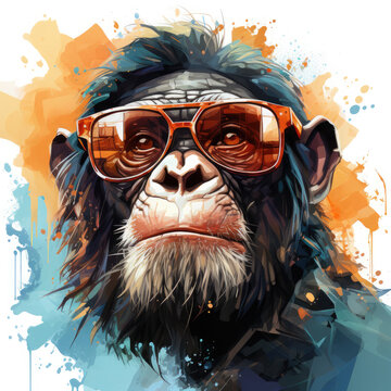 Watercolor Bonobo wearing sunglasses, clipart Illustration, Generative Ai
