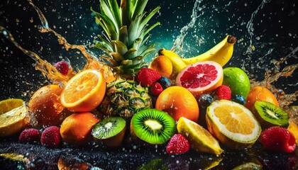 variety of fresh juicy tropical fruits background splash of vitamins healthy and tasty diet...