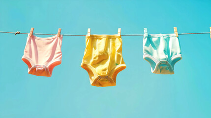 Three pastel-colored baby bodysuits hanging on a clothesline against a clear blue sky, symbolizing domestic life.
