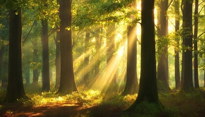 forest of beech and oak trees illuminated by sunbeams through morning mist