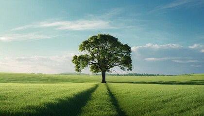 Fototapeta na wymiar tranquil lone tree stands proud in vast green field under summer sunlight