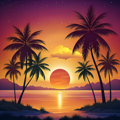 Fototapeta na wymiar free vector summer background with sunset and palm