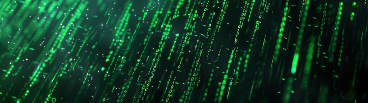 A digital background with green binary code flowing down like water for technology and cyber themes Generative AI