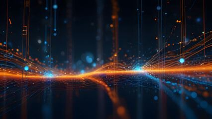 Fototapeta premium Internet data transmitting, Digital background, A great quantity of glowing joint connected 3 dimension Dots, Cybernetic, Dreamscape, Only Glowing Orange and blue, Black color empty space and backgrou