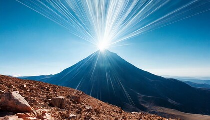 a computer generated image of a mountain with a bright light coming out of the top of the mountain...