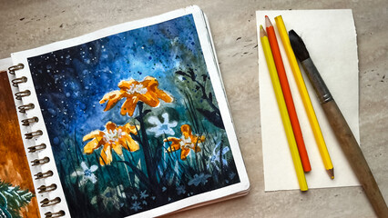 Orange and blue flowers under night sky with stars illustration. Hand drawn watercolor sketch. Learn to paint aquarelle. Creative hobby. Sketchbook and tools. Film grain texture. Soft focus. Blur