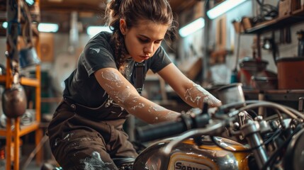 Mechanic woman fixing a motorcycle with oil on her arms in high resolution and high quality. mechanical concept, woman, workshop, motorcycle
