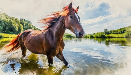 a watercolor painting of a horse with red manes running through a body of water on a white background