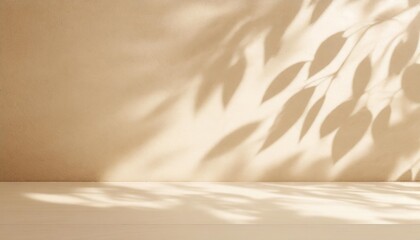 empty cream beige room studio with shadow of leaves for product presentation autumn background summer tropical backdrop cosmetic showroom