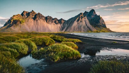 majestic summer scene of stokksnes headland with vestrahorn batman mountain on background unbelievable evening view of iceland europe beauty of nature concept background