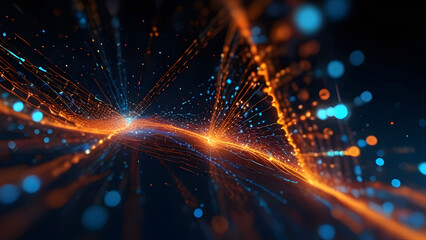 Naklejka premium Internet data transmitting, Digital background, A great quantity of glowing joint connected 3 dimension Dots, Cybernetic, Dreamscape, Only Glowing Orange and blue, Black color empty space and backgrou