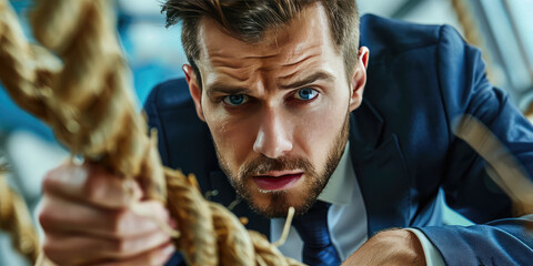 Male businessman in a business suit is climbing up a rope ladder. Creative concept of leadership, goal achievement.