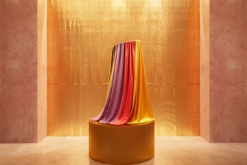 Opulent Cloth Display on a Pedestal in a Pale Pink Gallery with Gold Background, Perfect Lighting for a Luxurious Visual Experience