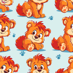 Seamless pattern of charming cheerful, smiling cartoon bear on a blue background - obrazy, fototapety, plakaty