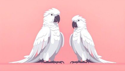 White Cockatoos on Pink Background. vibrant image featuring two white cockatoos perched against a contrasting pink background. Ideal for bird enthusiasts.